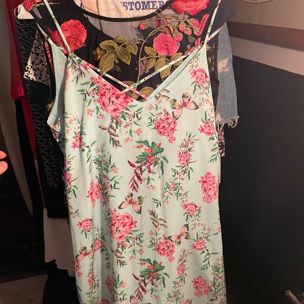 Adelyn Rae Blue Camisole Dress with Floral Design and Spaghetti Straps